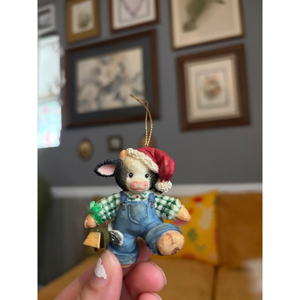 Marys Moo Moos Cow Christmas Ornament Enesco Overalls Santa Hat Bell Resin
